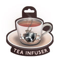 Tea infuser on a cardboard backing of  a cup and saucer illustration