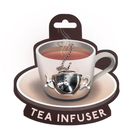 Tea infuser on a cardboard backing of  a cup and saucer illustration