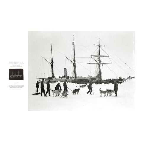 black and white photograph of The Endurance ship trapped in the snow and ice, with men and dogs in the foreground