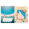 Illustrated book pages about the Great Barrier Reef with colorful illustrations and text.
