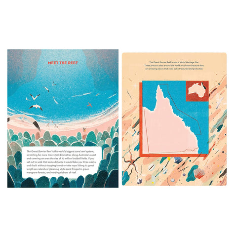 Illustrated book pages about the Great Barrier Reef with colorful illustrations and text.