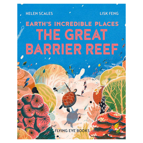 Book cover of 'The Great Barrier Reef' with colorful illustrations of marine life on a blue background.