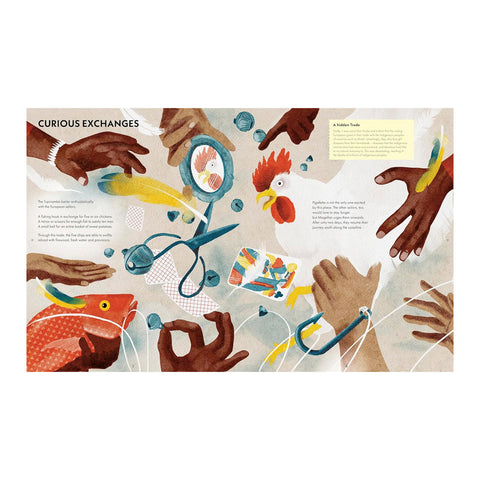 Illustration of hands interacting with various objects on a beige background