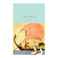 The Odyssey book cover by Homer, featuring a light blue top section with the title in gold text and an illustration below showing a red-sailed boat, figures, and white birds on a pale yellow background.