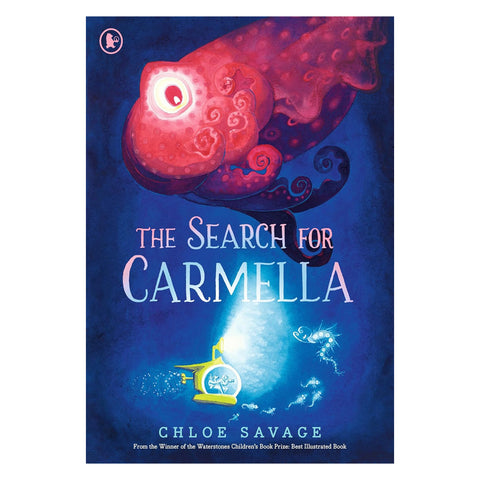 Book cover of 'The Search for Carmella' with a red creature and underwater scene.