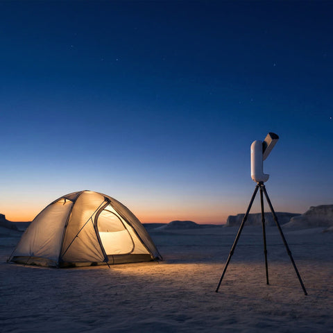 Tent and telescope set up in a snowy landscape at night