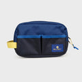 A navy blue and black utility pouch with a bright blue trim, a yellow webbing loop on the left, and a blue Billybelt logo patch on the front.