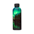 Bottle with a design of the Northern Lights over a lake 
