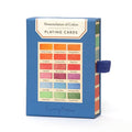 Playing cards with color swatches on a blue box