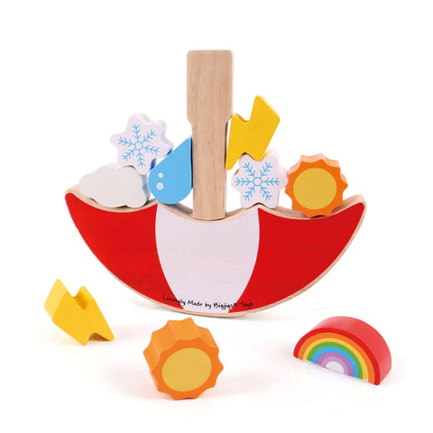 weather balancing game pieces; umbrella, sun, rainbows, snowflakes