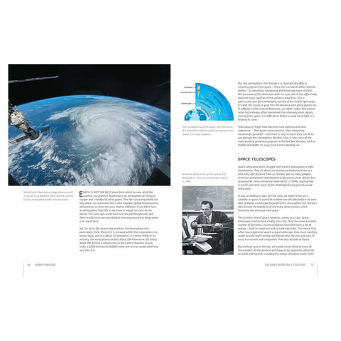 Image of a telescope in space and  view of Earth