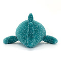 Teal plush whale shark toy with white speckles on 