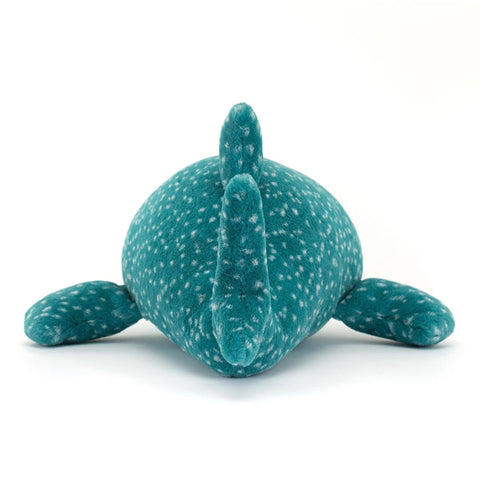 Teal plush whale shark toy with white speckles on 