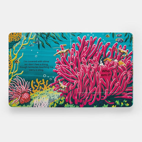 Children's book with colourful coral and sea creature illustrations 