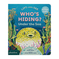 Book cover of 'Who's Hiding? Under the Sea' with a puffer fish illustration on a blue background.