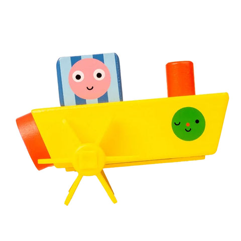 Yellow and multicoloured wooden toy boat.