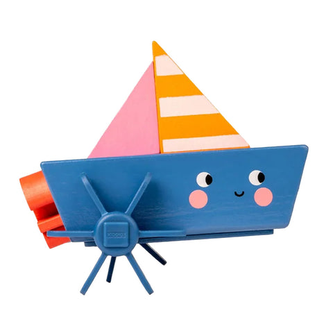 Blue and multicoloured wooden toy boat.