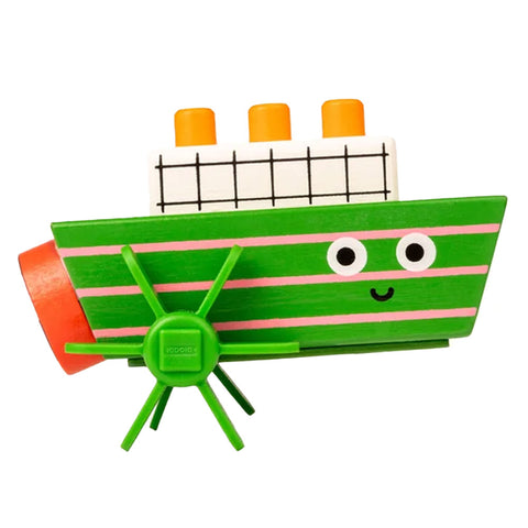 Green and multicoloured wooden toy boat.