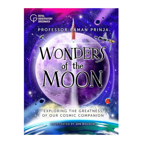 Book cover of 'Wonders of the Moon' with a purple moon and space elements.