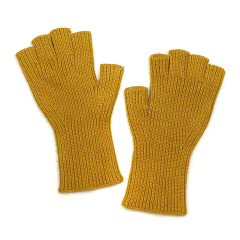 Yellow knitted fingerless gloves.