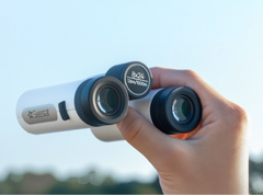 Handheld ZWO Seestar VisionX binoculars against a clear blue sky