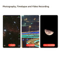 Three smartphone screens showing photography, timelapse, and video recording of different scenes.