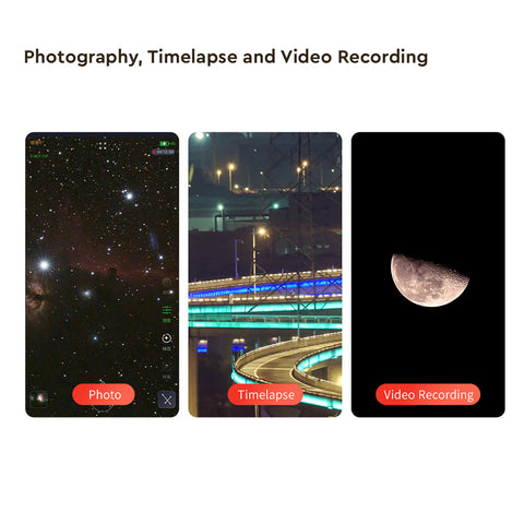 Three smartphone screens showing photography, timelapse, and video recording of different scenes.