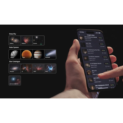 Hand holding a smartphone with an astronomy app displayed, showing celestial objects.
