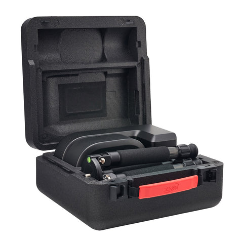 Black case with a telescope parts inside on a white background