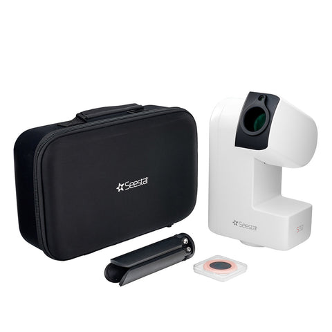 Seestar telescope set with black carrying case, white camera, and accessories on a white background