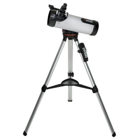 Grey and black telescope on a tripod.