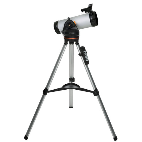 Grey and black telescope on a tripod.