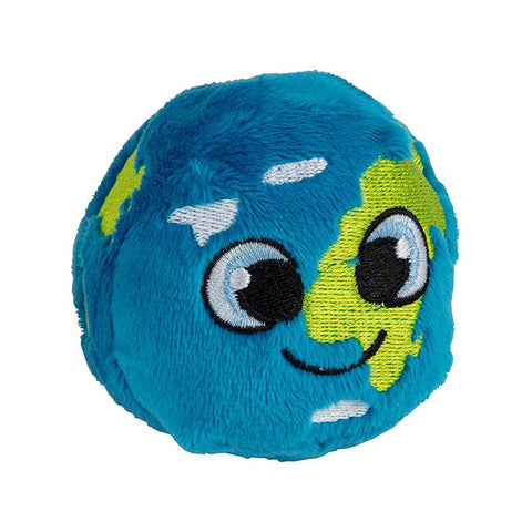 A round blue, white and green plush globe with cute face.