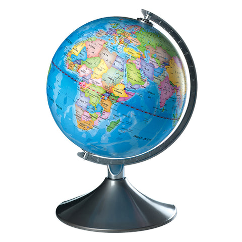 Colourful rotating globe on a silver-coloured stand.