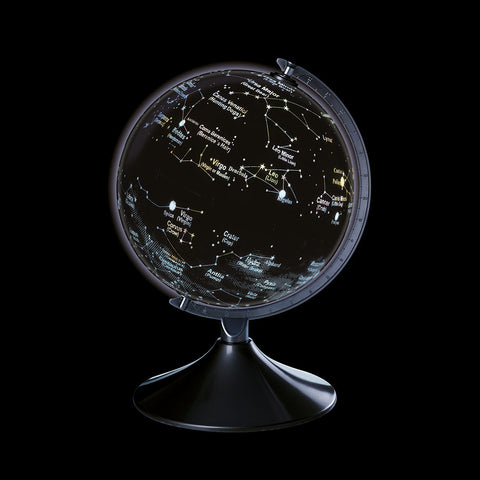 Black globe with colourful constellations on a silver stand.