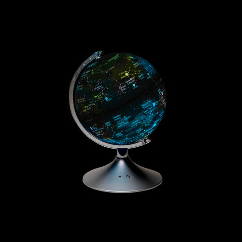 Black globe with colourful constellations on a silver-coloured stand.