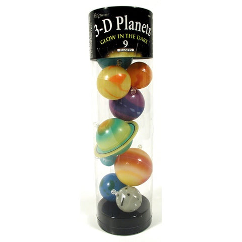 Plastic 3D planet-shaped orbs in a tube.