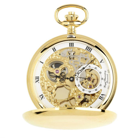 Gold skeleton pocket watch with open cover.