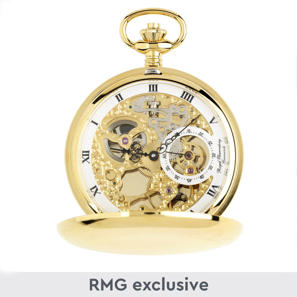 Royal Observatory Greenwich Gold Double Hunter Full Skeleton Pocket Watch - 