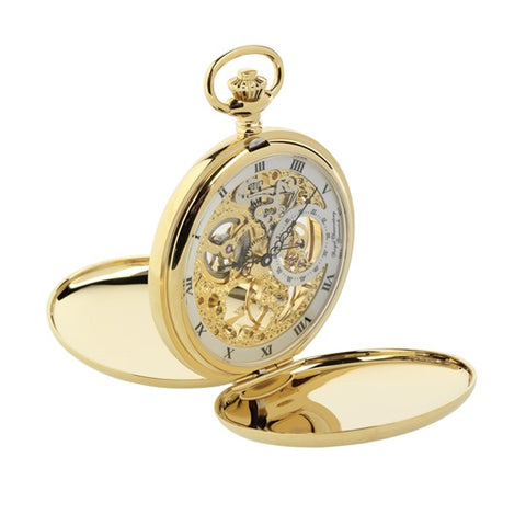 Gold skeleton pocket watch with two open covers.