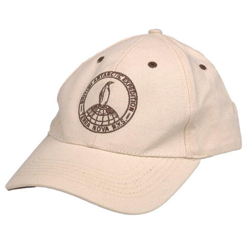 Cream cap with brown embroidered Terra Nova expedition logo.