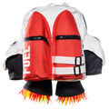 White, red and black backpack in the style of a jetpack.