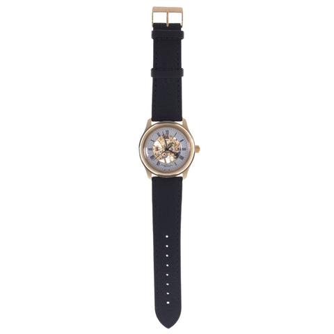 Gold-plated skeleton watch with black leather strap.