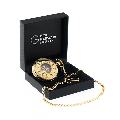 Gold pocket watch in a presentation box.