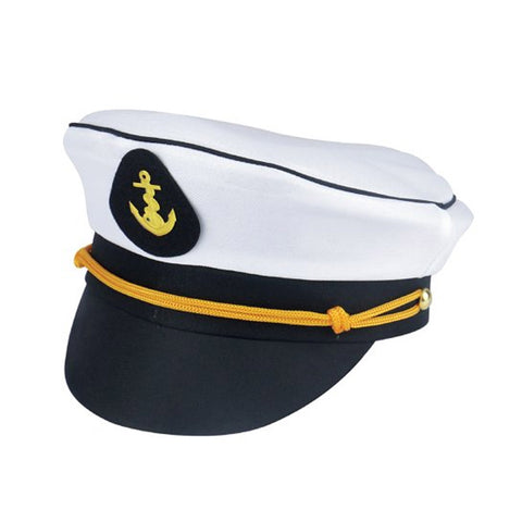 Small white and navy captain's hat with an anchor logo and gold braiding.