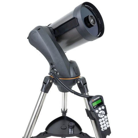 Dark grey and black telescope with control pad and tripod.