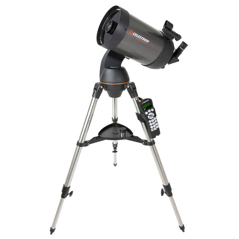 Dark grey and black telescope with control pad and tripod.