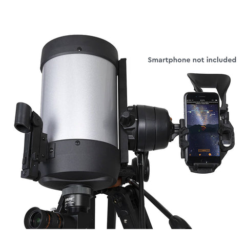 Silver and black telescope with phone mount.