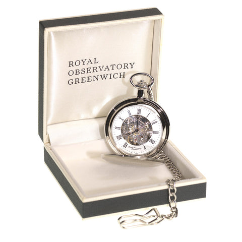 Royal Observatory Greenwich Chrome Half Hunter Pocket Watch in box.