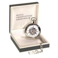 Royal Observatory Greenwich Chrome Half Hunter Pocket Watch in box